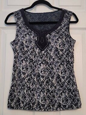 Womens size Small-Medium sleeveless top-Navy-White-lace & bead trim-blouson-Cute